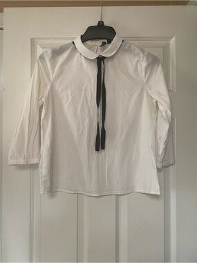 Mango White Cotton Peterpan Peter Pan Collar Blouse With Black Ribbon Tie